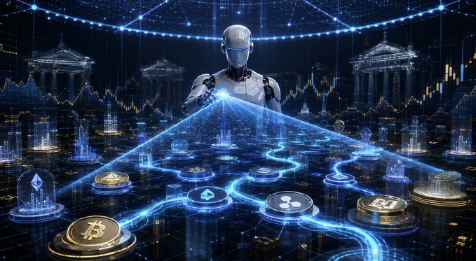 A humanoid robot projects glowing data streams across a futuristic cityscape of classical architecture, with cryptocurrency coins—Bitcoin, Ethereum, XRP, and others—linked by illuminated pathways at its base. The image visually reinforces the post's message by depicting AI as a powerful analytical force mapping crypto market behavior, symbolizing how artificial intelligence brings transparency to trading patterns and exposes liquidity-grabbing practices across various digital assets.