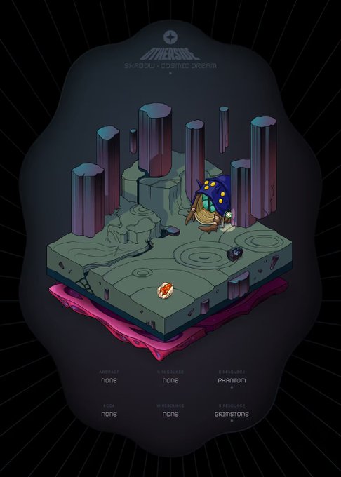 An illustration of a character in a mushroom hat standing on a stone platform among purple pillars, titled 'MUSHIL SHADOW - COSMIC DREAM' with stats listing 'phantom' and 'grimstone' as resources.