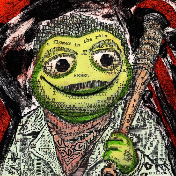 A vibrant mixed-media artwork depicts a green-faced figure with the words "a flower in the rain" and "REBEL" overlaid on its features, set against a red and black background filled with cryptic text and symbols.