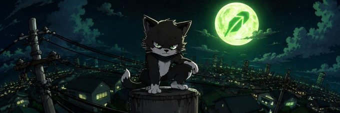 A black and white kitten perches on a wooden post against a nighttime cityscape, with a glowing green moon displaying a stylized "P" emblem in the sky—fitting as the banner for the $PONSY token.
