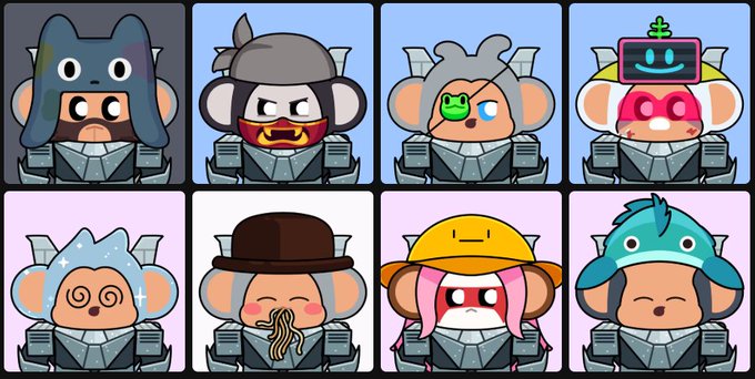 A grid of eight cartoon monkey avatars wearing various outfits and accessories, including hats, masks, and helmets.