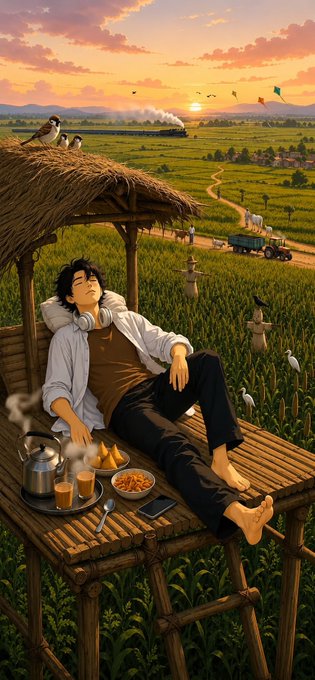 An anime-style illustration shows a young man napping on a wooden bamboo platform in a rice paddy field at sunset, with a teapot, snacks, and birds nearby, and a tractor visible in the distance.