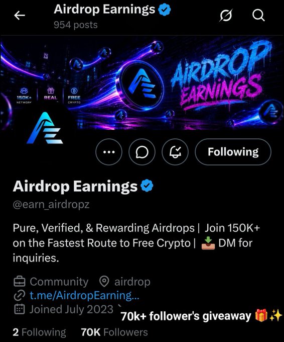 A screenshot of the verified Twitter/X profile for "Airdrop Earnings" (@earn_airdropz) with 70K followers, celebrating the milestone shown in the post with a $70 giveaway for followers who engage with the tweet.