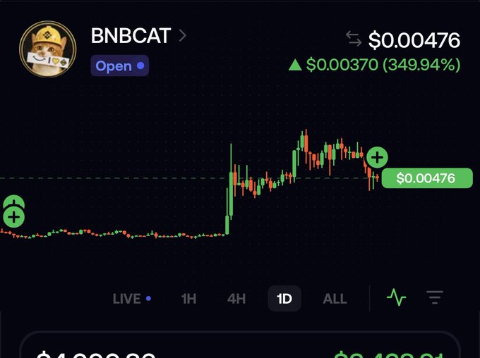 A cryptocurrency price chart for BNBCAT showing a price of $0.00476 with a gain of $0.00370 (349.94%) on the 1D timeframe.