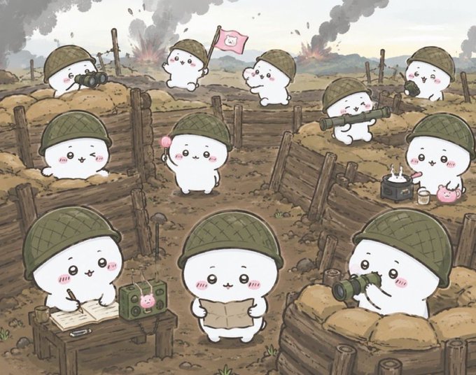 A cute illustration depicts small white blob-like creatures wearing military helmets in a war scene, with some operating equipment, holding flags, and writing letters amid explosions and trenches.