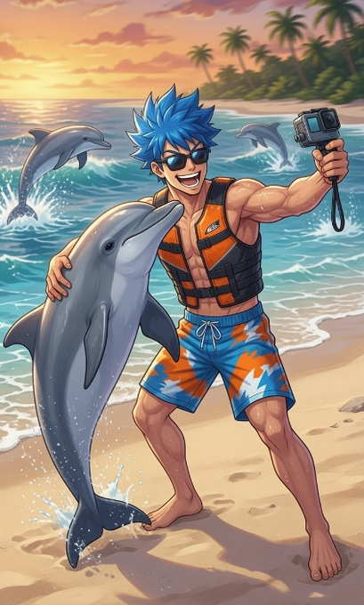An anime-style illustration of a blue-haired muscular character in a life vest taking a selfie with a dolphin on a tropical beach at sunset.