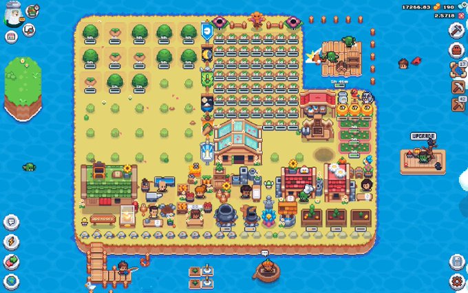 A pixel-art farming simulation game screenshot showing an island with crops, trees, buildings, and a character standing near the water on the right side.