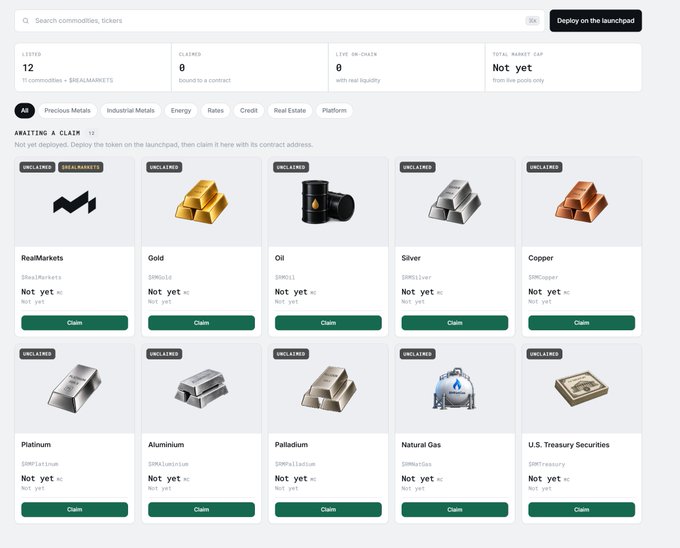 A web interface for claiming tokens with a search bar and filter tags, showing a grid of unclaimed assets including RealMarkets, Gold, Oil, Silver, Copper, Platinum, Aluminium, Palladium, Natural Gas, and U.S. Treasury Securities, each with a green 'Claim' button.