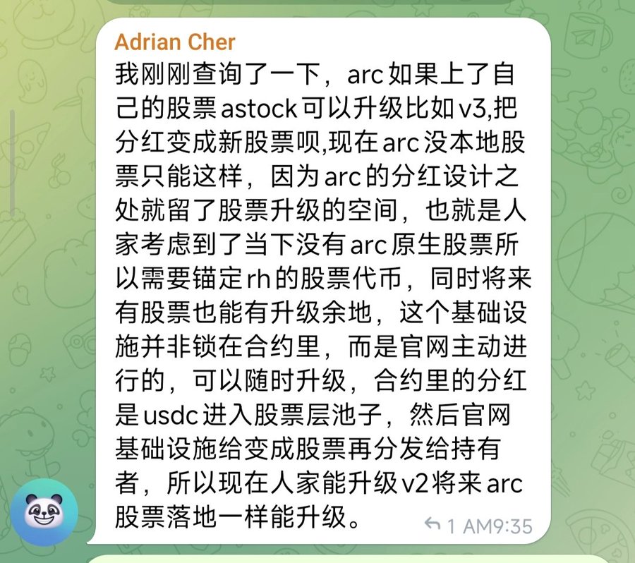 The image shows a Telegram message from "Adrian Cher" posted at 9:35 AM, discussing how $ASTOCK on Arc can be upgraded (e.g., v2 to v3), with dividends being converted into new stock tokens via off-chain infrastructure that uses USDC, aligning with the post's bullish endorsement of $ASTOCK's future potential.