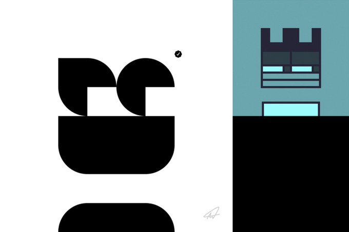 A minimalist graphic design featuring black abstract shapes resembling a camera and castle silhouettes on split white and teal backgrounds.