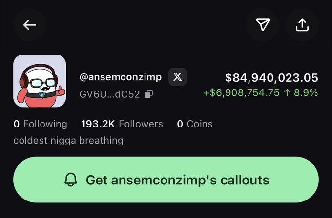 The screenshot shows @ansemconzimp's profile with $84,940,023.05 in holdings, up $6,908,754.75 in the last 24 hours. This directly supports the post about their substantial memecoin gains.