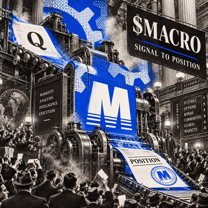 A vintage-style promotional graphic featuring '$MACRO - SIGNAL TO POSITION' with blue gear motifs, listing 'MARKETS ANALYSIS INTELLIGENCE EXECUTION' on one side and 'FUTURES OPTIONS BONDS COMMODITIES GLOBAL MARKETS' on the other, set against a black-and-white crowd scene.