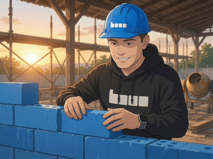 An illustrated scene of a smiling construction worker wearing a blue hard hat and black hoodie, laying blue bricks at a job site during sunset with scaffolding in the background.