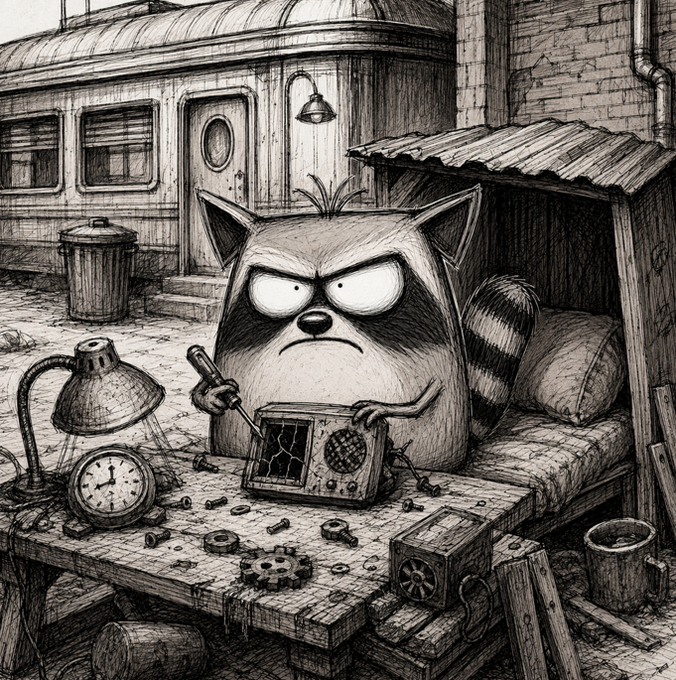 A black and white sketch of an angry-looking raccoon holding a screwdriver, repairing a broken electronic device on a cluttered workbench in a gritty alleyway setting.