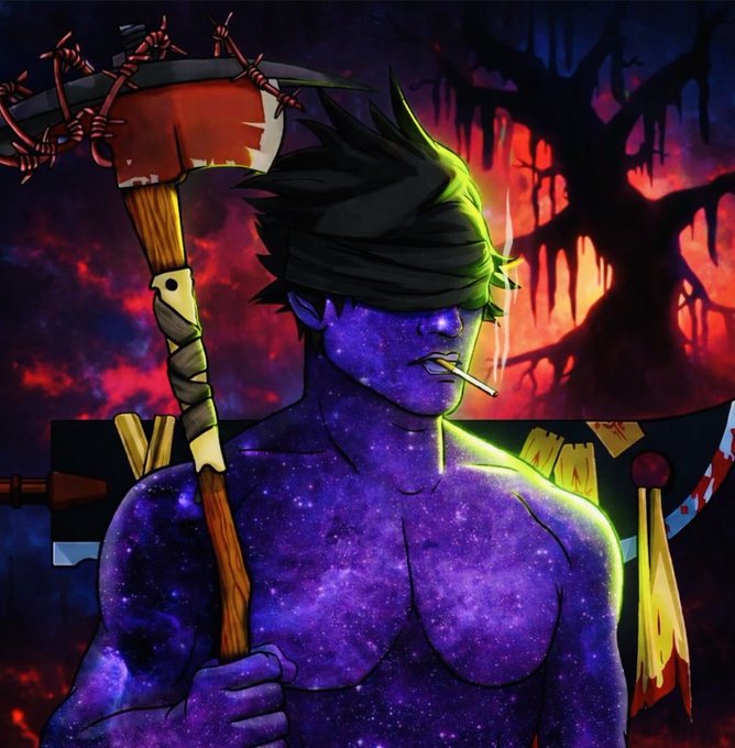 A blindfolded figure with a cosmic, galaxy-patterned purple body smokes a cigarette while wielding weapons against a fiery, hellish background—visually embodying the dark, ominous "night legend" vibe of the post.