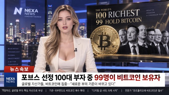 A screenshot from 'NEXA NEWS' showing a news anchor with a graphic titled 'THE WORLD'S 100 RICHEST 99 HOLD BITCOIN' featuring portraits of billionaires like Elon Musk alongside a Bitcoin image.