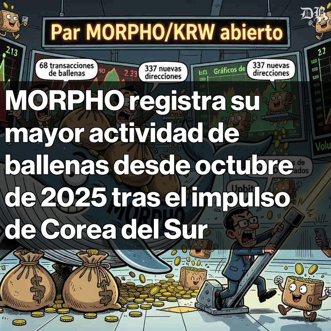 A Spanish-language graphic reading 'MORPHO registra su mayor actividad de ballenas desde octubre de 2025 tras el impulso de Corea del Sur,' with bubbles noting 68 whale transactions, 337 new addresses, and 337 new directions, set against a 'Par MORPHO/KRW abierto' trading screen backdrop.