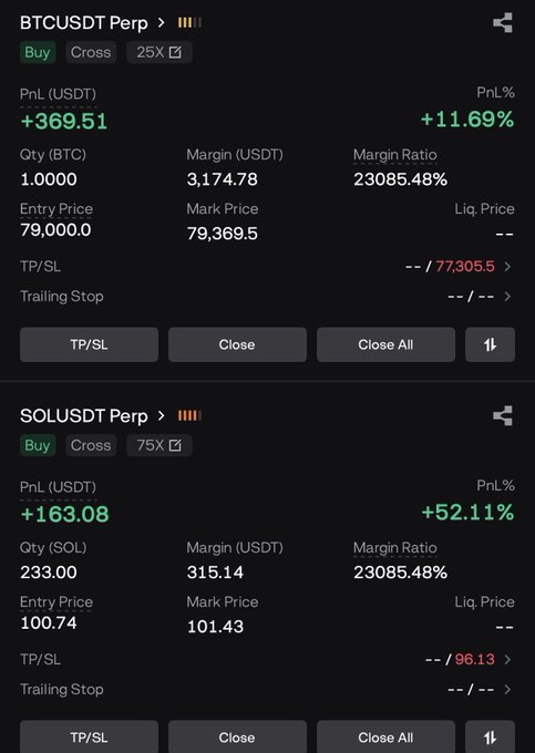 The image shows a trading portfolio interface displaying two open long positions: a BTCUSDT Perp with 1.0000 BTC at an entry price of 79,000.0 showing +$369.51 (+11.69%) profit, and a SOLUSDT Perp with 233.00 SOL at entry 100.74 showing +$163.08 (+52.11%) profit. This visualizes the post's claim of flipping from a closed BTC short to a new long position, now sitting in profit alongside an existing long Solana trade.
