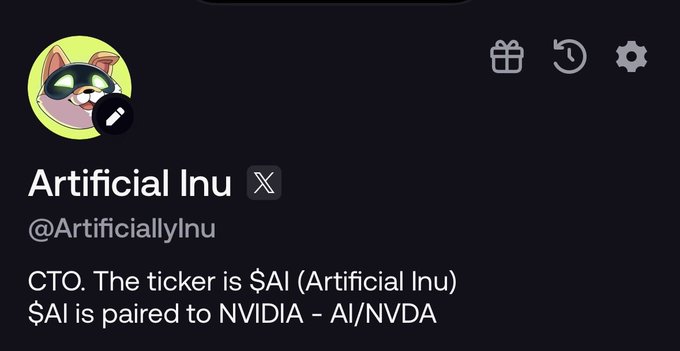The image shows an X (formerly Twitter) profile for "Artificial Inu" (@ArtificiallyInu), featuring a cartoon cat mascot, with the bio stating "CTO. The ticker is $AI (Artificial Inu). $AI is paired to NVIDIA - AI/NVDA." This profile establishes the context for the post, which announces buy orders for the $AI token pair on the fomo platform.