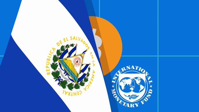 An illustration featuring the flag and emblem of 'República de El Salvador en la América Central' alongside the logo of the 'International Monetary Fund' on a blue background.