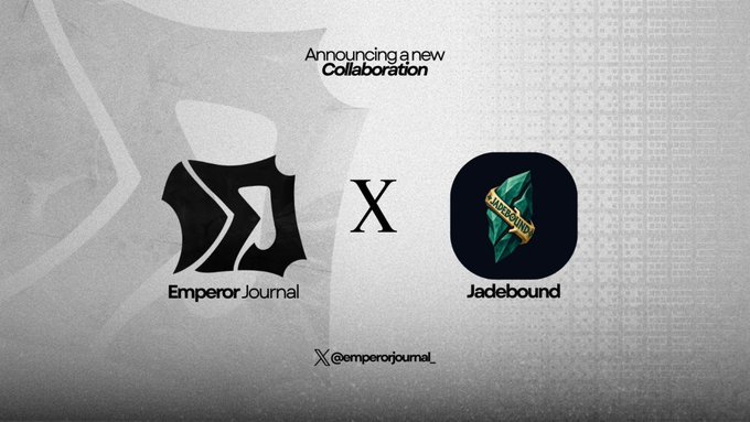 A promotional graphic announcing a new collaboration between Emperor Journal and Jadebound, featuring their respective logos side by side with "X" between them and the headline "Announcing a new Collaboration," along with the handle "@emperorjournal_." The image visually represents the partnership mentioned in the post about Jadebound's Web3 studio launching "THE UNBOUND," an exclusive NFT collection with a total supply of 2,222 unique NFTs.