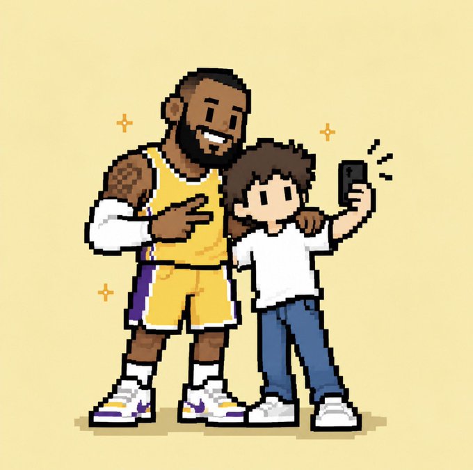 A pixel art illustration showing a smiling basketball player in a yellow Lakers jersey posing with a fan taking a selfie.