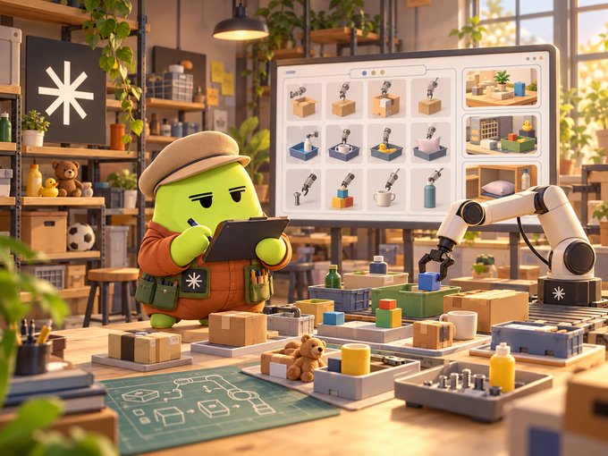 A 3D-rendered green character wearing an orange outfit and cap holds a clipboard while standing in a robotics workshop beside an articulated robotic arm, with a screen displaying various robot models in the background.