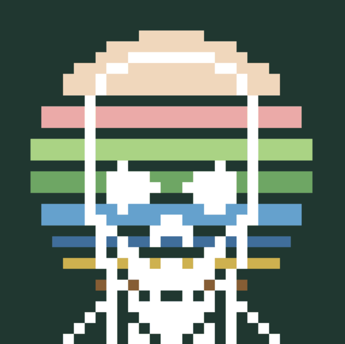 A pixel art image displays a skeletal or skull-like figure with horizontal stripes in pink, green, and blue beneath a beige hat-like shape.