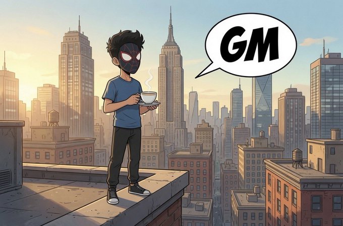 A cartoon illustration of a masked character in a Spider-Man mask holding coffee on a rooftop with a city skyline, with a speech bubble saying "GM".
