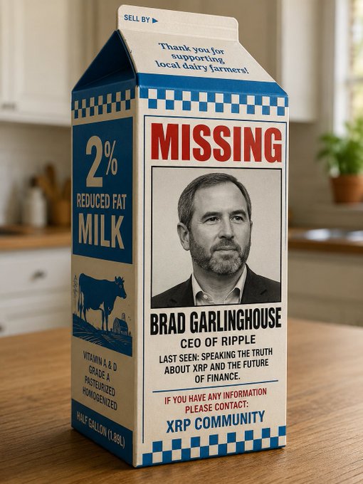 A humorous milk carton featuring a 'MISSING' poster for Brad Garlinghouse, CEO of Ripple, with text noting he was last seen speaking truth about XRP and finance, requesting the XRP community for information.