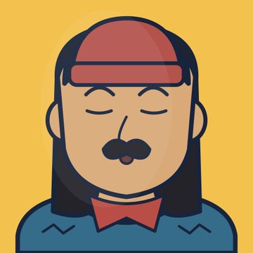 A stylized 2D illustration of a person with long dark hair, a mustache, a red cap, and a red bow tie, with closed eyes and a puckered mouth, set against a yellow background.