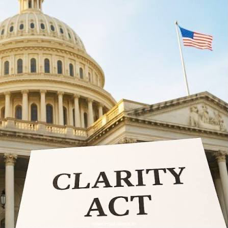 The image shows the U.S. Capitol building with an American flag flying above it, paired with a graphic displaying the text "CLARITY ACT" in the foreground. This visual ties directly to the post's headline about the White House pushing Senate Democrats to support Trump's ethics deal and move forward with the Crypto Clarity Act, using the iconic Capitol backdrop to symbolize the legislative push happening in Congress.