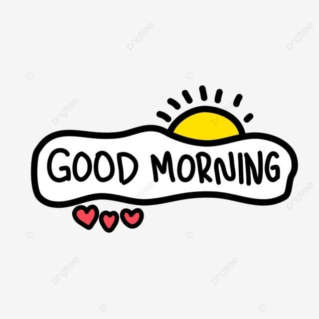 A hand-drawn doodle illustration on a white background reads "GOOD MORNING" inside a cloud-like bubble, accompanied by a rising sun and three red hearts.