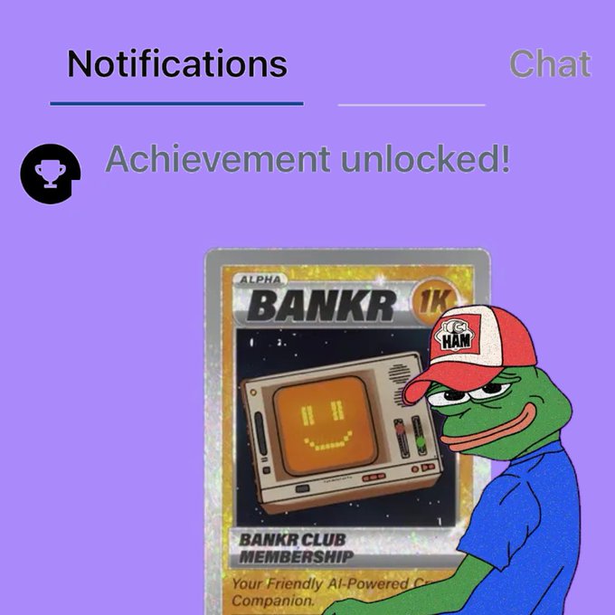 A mobile notification screen on a purple background displays "Achievement unlocked!" above a holographic card for "BANKR" club membership featuring a smiling TV character and a Pepe the Frog wearing a "HEMP NAM" cap.