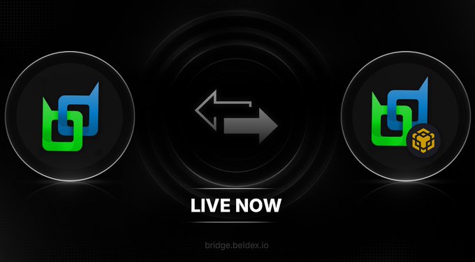 A dark digital graphic showing a cryptocurrency bridge interface with the Beldex logo on both sides and the text 'LIVE NOW' and 'bridge.beldex.io'.