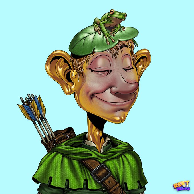 A cartoon illustration shows a smiling character with a leaf hat and a frog on his head, with a quiver of arrows on his back, branded with 'REKT STUDIO' in the corner.