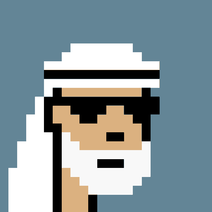 A minimalist pixel art illustration of a man wearing a white head covering and beard, resembling traditional Middle Eastern attire, set against a solid teal background.