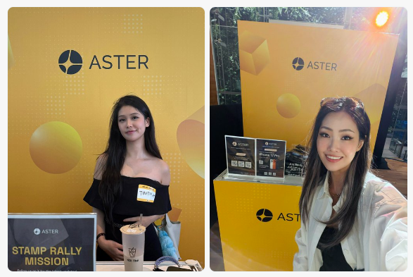 Two women pose for photos at an ASTER-branded booth during Token2049, with a "STAMP RALLY MISSION" sign and promotional materials visible, as ASTER participates as a sponsor at the crypto conference where attendees are buzzing about standout projects.