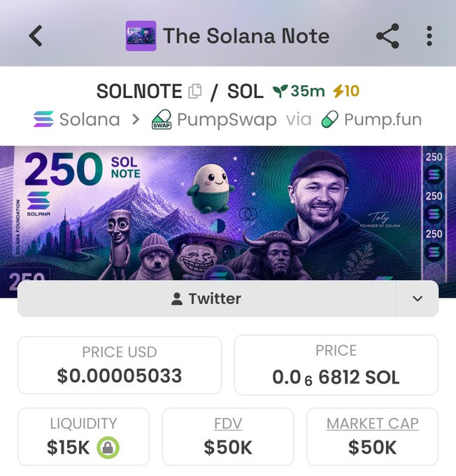 A mobile app screenshot showing "The Solana Note" (SOLNOTE) cryptocurrency token details, including a price of $0.00005033, 0.006812 SOL, liquidity of $15K, FDV of $50K, and market cap of $50K, via PumpSwap/Pump.fun.