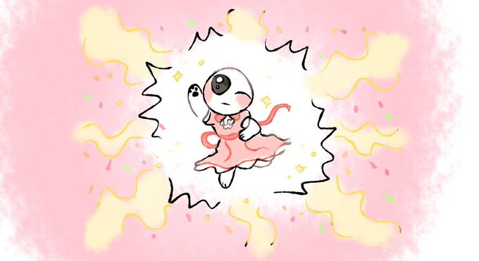 A cute, stylized illustration of a small white and black dog character wearing a pink dress and floating in a pink and yellow abstract background.