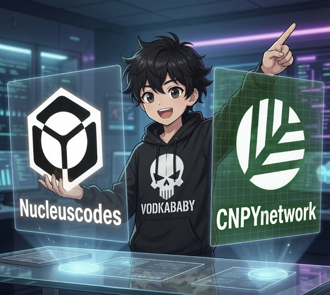 An anime-style character wearing a "VODKABABY" hoodie stands between two holographic panels displaying logos for "Nucleuscodes" and "CNPYnetwork".