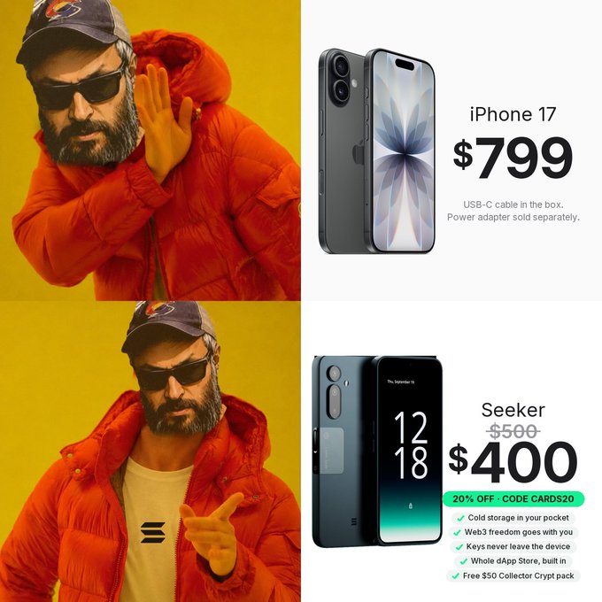The image contrasts two smartphone options side-by-side: the iPhone 17 priced at $799 (with USB-C cable included, power adapter sold separately) on the top, and the Seeker marked down from $500 to $400 (20% off with code CARDS20) featuring cold storage, Web3 freedom, physical keys for ownership, an in-app store, and a $50 Collector Crypt pack on the bottom, each paired with a bearded man in a red puffer jacket and sunglasses in contrasting poses. The meme format visually reinforces the post's argument that while the iPhone costs more to enter Apple's ecosystem, the Seeker's lower price delivers tangible ownership benefits like cold storage and onchain identity—questioning which philosophy wins long-term.