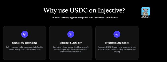 A promotional graphic titled 'Why use USDC on Injective?' highlighting regulatory compliance, expanded liquidity, and programmable money benefits.