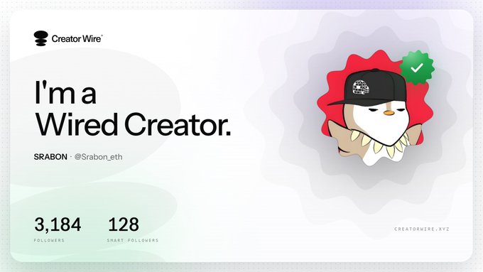A 'I'm a Wired Creator' badge from Creator Wire for SRABON (@Srabon_eth), displaying 3,184 followers and 128 smart followers, featuring an illustration of a penguin character.