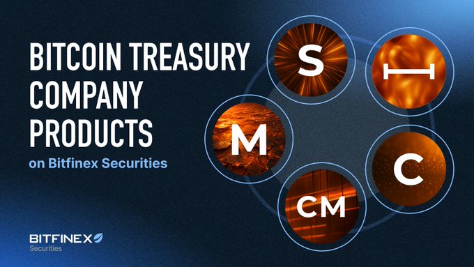 A promotional graphic for Bitfinex Securities announces the listing of "BITCOIN TREASURY COMPANY PRODUCTS," featuring five circular icons containing the ticker symbols S, H, M, C, and CM against a fiery orange backdrop. The Bitfinex Securities logo appears in the bottom-left corner.