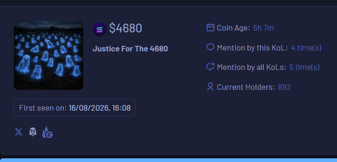 A crypto token page for '$4680 Justice For The 4680' showing a graveyard of glowing blue ghosts, with stats including 892 current holders and first seen on 16/08/2026.