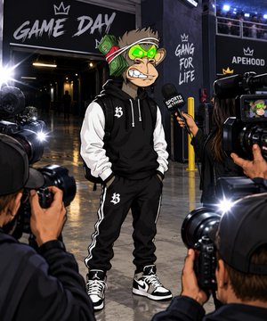 3D cartoon character with green goggles being interviewed by photographers, with signs reading 'GAME DAY', 'GANG FOR LIFE', and 'APEHOOD' in the background.