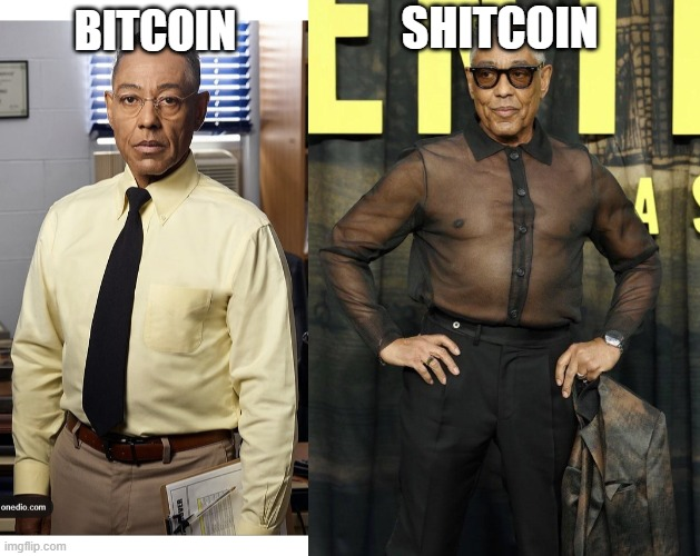 A comparison meme labeled 'BITCOIN' and 'SHITCOIN' showing the same man (Giancarlo Esposito) in two contrasting outfits—conservative yellow shirt and tie versus a sheer black top.