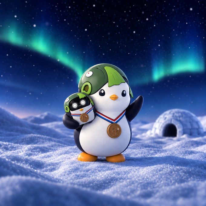 Under a dazzling display of green and teal aurora borealis in a starry Arctic sky, a chubby toy penguin wearing a green helmet proudly cradles a smaller, robotic penguin companion wearing a matching helmet and a medal, while an igloo rests in the snowy background—visually echoing the post's playful declaration of identity and companionship between the creator and their penguin robot.