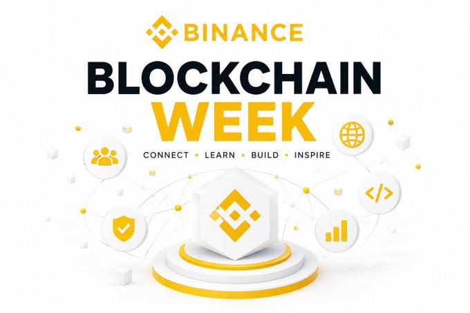 A promotional graphic for "BINANCE BLOCKCHAIN WEEK" featuring the Binance logo, a central 3D cube with the brand emblem, and surrounding icons representing community, security, global reach, coding, and growth—taglined "CONNECT • LEARN • BUILD • INSPIRE."

The visual reinforces the post's message by symbolizing the diverse ecosystem of builders, creators, companies, and experts who converge at the event to shape blockchain's future beyond daily price movements.
